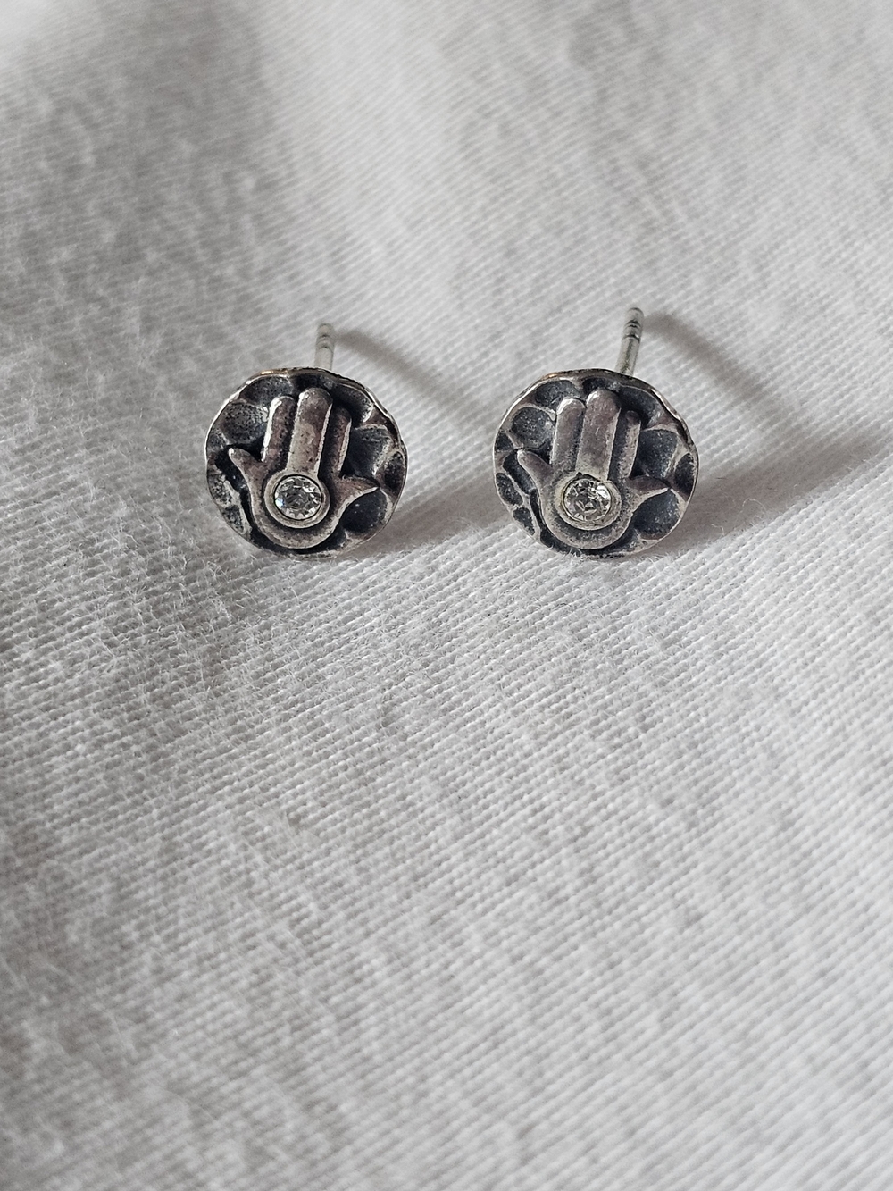 Sterling Silver Hamsa Stud Earrings with Clear Stone